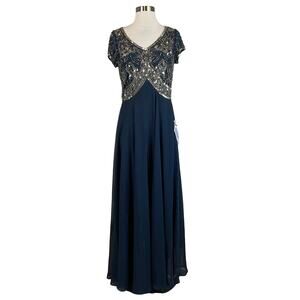 JKARA Beaded Chiffon Short Sleeve Long A-Line Evening Gown Blue Size 6 Dress